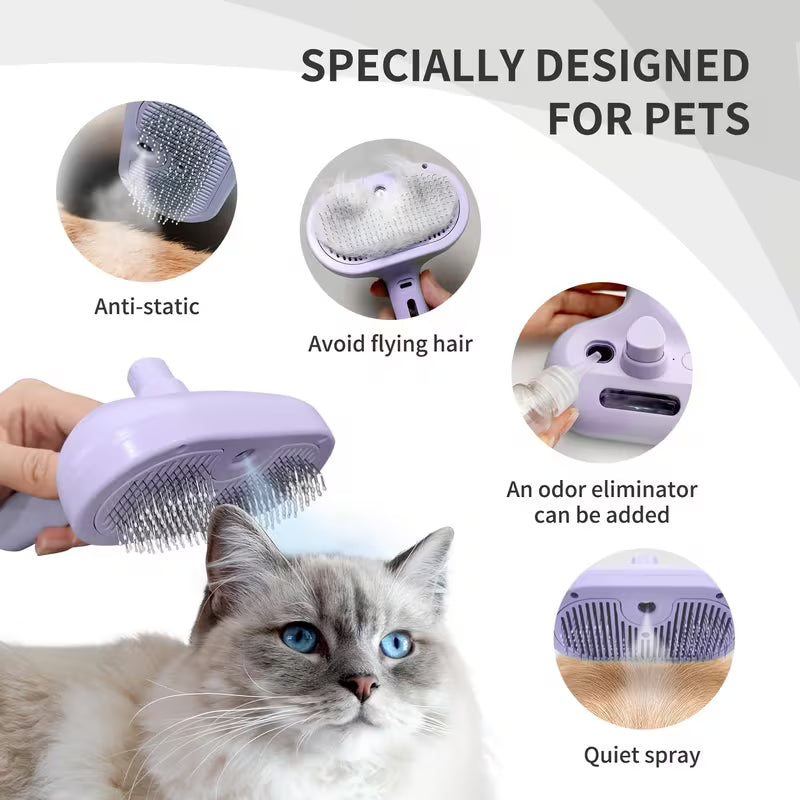 3-in-1 Automatic Pet Grooming Brush with Spray &amp; One-Click Hair Removal